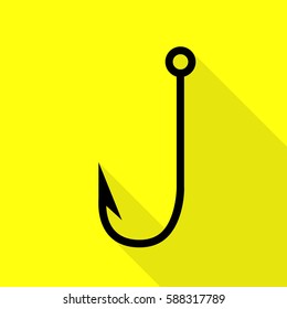 Fishing Hook sign illustration. Black icon with flat style shadow path on yellow background.