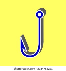 Fishing Hook sign illustration. Blue Icon with white stroke in 3d at yellow Background. Illustration.