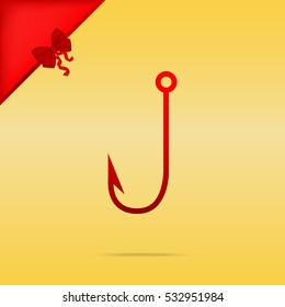Fishing Hook sign illustration. Cristmas design red icon on gold background.