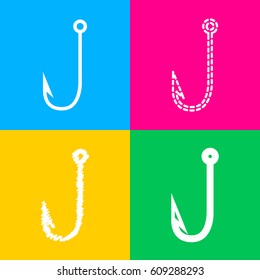Fishing Hook sign illustration. Four styles of icon on four color squares.