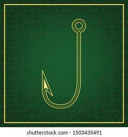 Fishing Hook sign illustration. Golden icon with gold contour at dark green gridded  background. Illustration.