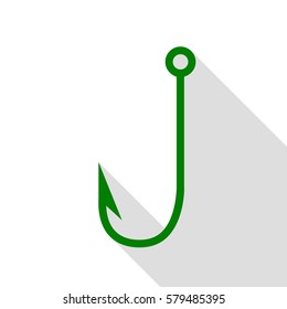 Fishing Hook sign illustration. Green icon with flat style shadow path.