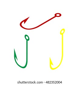 Fishing Hook sign illustration. Isometric style of red, green and yellow icon.