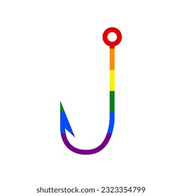 Fishing Hook sign illustration. Rainbow gay LGBT rights colored Icon at white Background. Illustration.