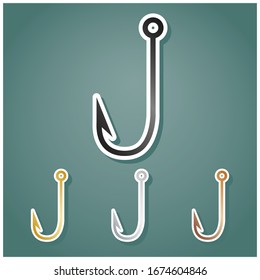 Ilustración del símbolo del gancho de pesca. Conjunto de íconos metálicos con gradiente gris, dorado, plata y bronce con contorno blanco y sombra en fondo viridán. Ilustración.