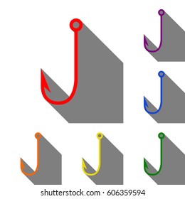 Fishing Hook sign illustration. Set of red, orange, yellow, green, blue and violet icons at white background with flat shadow.