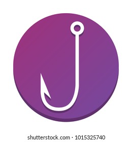Fishing Hook sign illustration. Vector. White icon with flat shadow on purpureus circle at white background. Isolated.