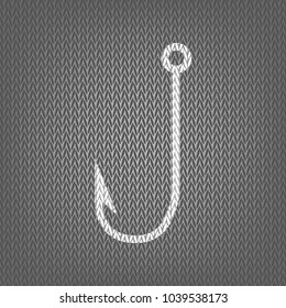 Fishing Hook sign illustration. Vector. White knitted icon on gray knitted background. Isolated.