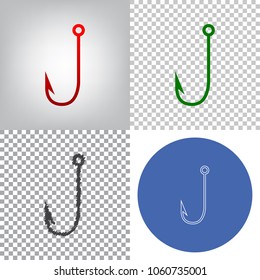 Fishing Hook sign illustration. Vector. 4 styles. Red gradient in radial lighted background, green flat and gray scribble icons on transparent and linear one in blue circle.