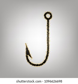 Fishing Hook sign illustration. Vector. Blackish icon with golden stars at grayish background.