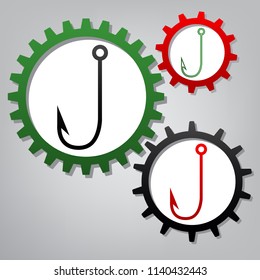 Fishing Hook sign illustration. Vector. Three connected gears with icons at grayish background.