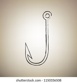 Fishing Hook sign illustration. Vector. Brush drawed black icon at light brown background.