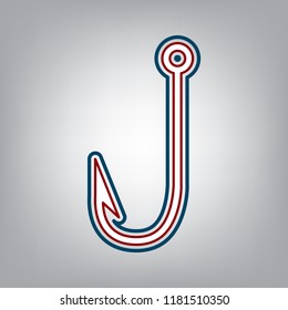 Fishing Hook sign illustration. Vector. Dark red, transparent and midnight green stroke of white icon at grayish background.