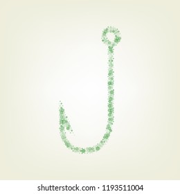 Fishing Hook sign illustration. Vector. Green hexagon rastered icon and noised opacity and size at light green background with central light.
