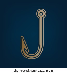 Fishing Hook sign illustration. Vector. Golden icon and border at dark cyan background.