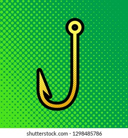 Fishing Hook sign illustration. Vector. Pop art orange to yellow dots-gradient icon with black contour at greenish background.