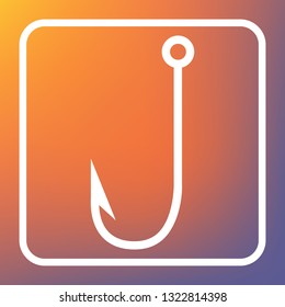 Fishing Hook sign illustration. Vector. White icon on transparent button at orange-violet gradient background.
