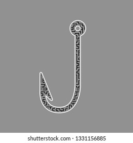 Fishing Hook sign illustration. Vector. Black maze filled icon with white border at gray background.