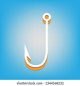 Fishing Hook sign illustration. Vector. White icon with 3d warm-colored gradient body at sky blue background.