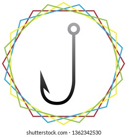Fishing Hook sign illustration. Vector. Black icon with patch of light inside colorful hexagonal frames at white background.