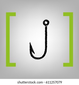 Fishing Hook sign illustration. Vector. Black scribble icon in citron brackets on grayish background.