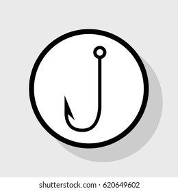 Fishing Hook sign illustration. Vector. Flat black icon in white circle with shadow at gray background.