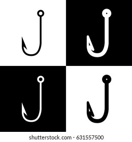 Fishing Hook sign illustration. Vector. Black and white icons and line icon on chess board.