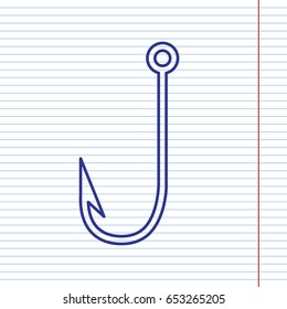 Fishing Hook sign illustration. Vector. Navy line icon on notebook paper as background with red line for field.