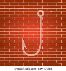 Fishing Hook sign illustration. Vector. Whitish icon on brick wall as background.