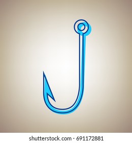 Fishing Hook sign illustration. Vector. Sky blue icon with blue contour on beige background.