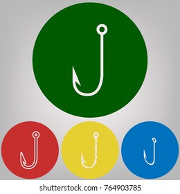 Fishing Hook sign illustration. Vector. 4 white styles of icon at 4 colored circles on light gray background.