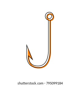 Fishing Hook sign illustration. Vector. Black line icon with shifted flat orange filled icon on white background. Isolated.