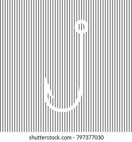 Fishing Hook sign illustration. Vector. White icon on grayish striped background. Optical illusion.