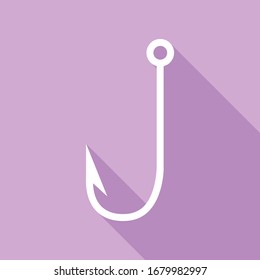 Fishing Hook sign illustration. White Icon with long shadow at purple background. Illustration.