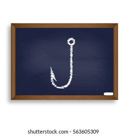 Fishing Hook sign illustration. White chalk icon on blue school board with shadow as background. Isolated.