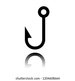 Fishing hook. Simple icon. Black icon with mirror reflection on white background