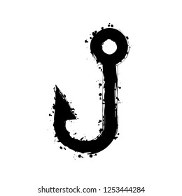Fishing hook. Simple icon. Black ink with splashes on white background