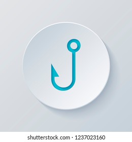 Fishing hook. Simple icon. Cut circle with gray and blue layers. Paper style