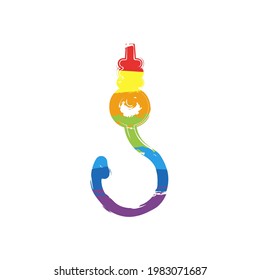 Fishing hook, simple icon. Drawing sign with LGBT style, seven colors of rainbow (red, orange, yellow, green, blue, indigo, violet