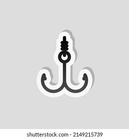 Fishing hook, simple icon. Linear sticker, white border and simple shadow on gray background