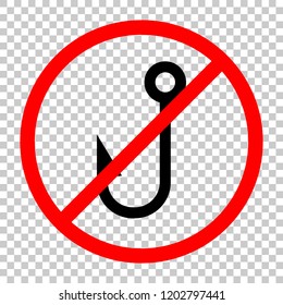 Fishing hook. Simple icon. Not allowed, black object in red warning sign with transparent background