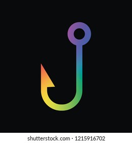 Fishing hook. Simple icon. Rainbow color and dark background