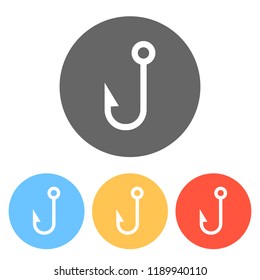 Fishing hook. Simple icon. Set of white icons on colored circles