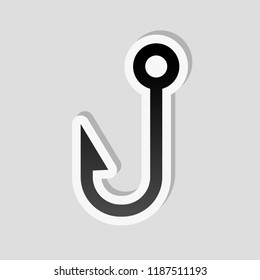 Fishing hook. Simple icon. Sticker style with white border and simple shadow on gray background