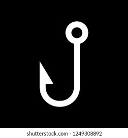 Fishing hook. Simple icon. White icon on black background. Inversion