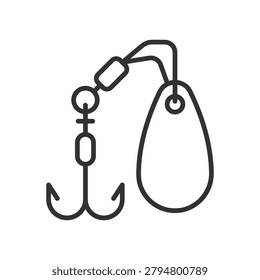 Fishing hook and sinker, icon in line design. hook, sinker, fishing, tackle, bait, equipment, angling on white background vector. Fishing hook and sinker editable stroke icon