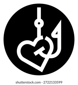 Gancho de pesca enganchando un icono del corazón en el arte minimalista de la línea blanca y negra, que simboliza el amor, la atracción, el encanto, la pasión y la idea de ser atrapado o comprometido en el romance