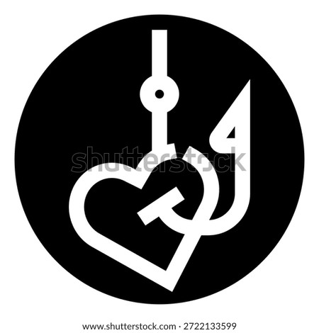 Fishing hook snagging a heart icon in minimalist black and white line art, symbolizing love, attraction, allure, passion and the idea of being caught or committed in romance