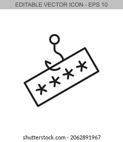 The fishing hook is stealing password. Editable stroke line icon. Vector illustration.