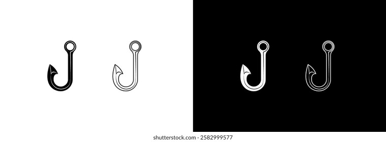 Fishing hook, stylish vector icon on white and black background.